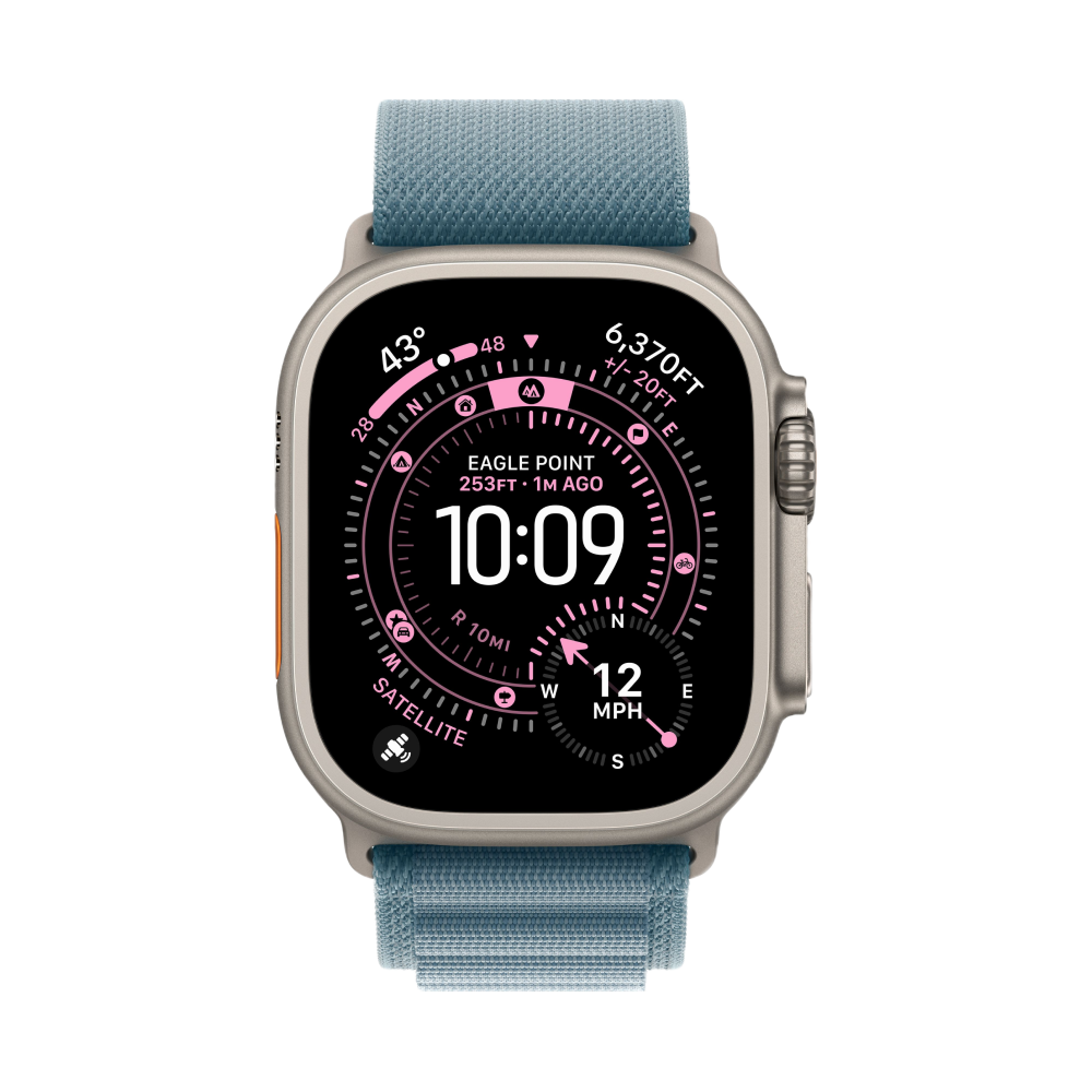 Apple Watch Ultra 3, 49 мм, корпус из титана цвета Серый (Natural Titanium), ремешок Alpine, цвет светло синий, M