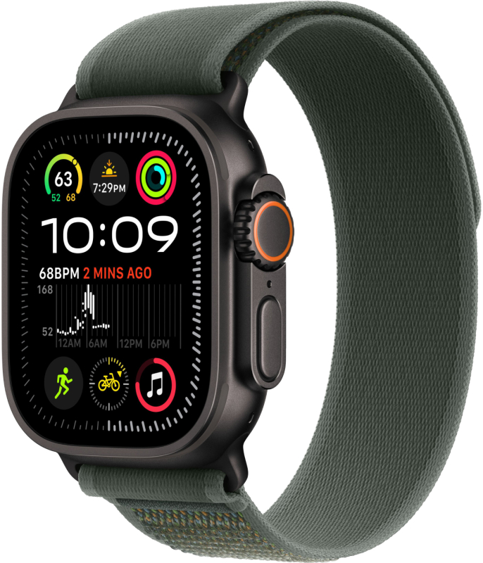 Apple Watch Ultra 2, 49 мм, корпус из титана цвета Чёрный (Black Titanium), ремешок Trail, цвет зеленый, M/L