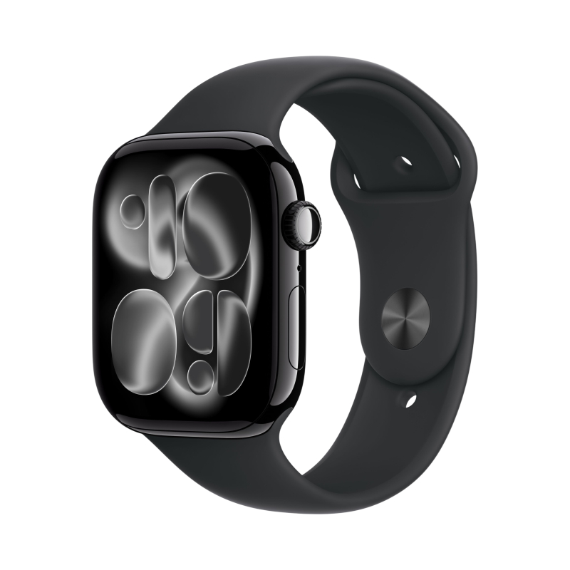 Apple Watch Series 11, 46 мм, корпус из алюминия цвета Чёрный оникс, ремешок спортивный, цвет черный, S/M