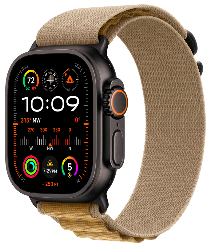 Apple Watch Ultra 2, 49 мм, корпус из титана цвета Чёрный (Black Titanium), ремешок Alpine, цвет оливковый, M