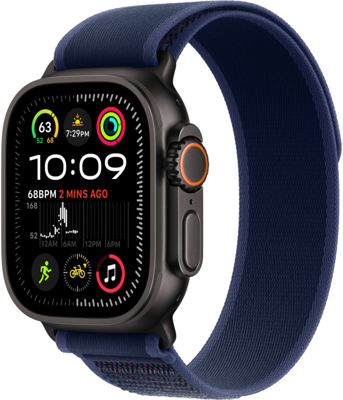 Apple Watch Ultra 2, 49 мм, корпус из титана цвета Чёрный (Black Titanium), ремешок Trail, цвет синий, M/L