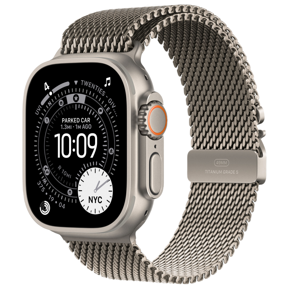 Apple Watch Ultra 3, 49 мм, корпус из титана цвета Серый (Natural Titanium), ремешок Milanese, цвет натуральный титан, M