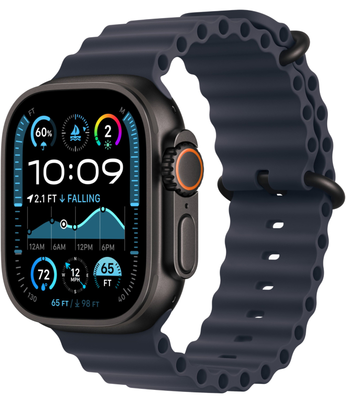 Apple Watch Ultra 2, 49 мм, корпус из титана цвета Чёрный (Black Titanium), ремешок Ocean, цвет тёмно-синий