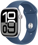 Apple Watch Series 10, 46 мм, корпус из алюминия цвета Серебро, ремешок спортивный, цвет синий деним, S/M