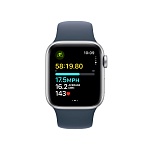 Apple Watch SE, 40 мм, корпус из алюминия цвета Серебро, ремешок спортивный, цвет светло синий, S/M