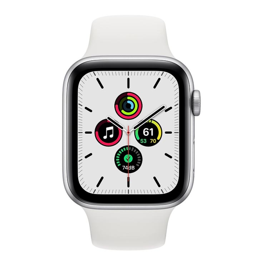 ﻿Часы Apple Watch SE, 44 мм, серебристый алюминий, белый спортивный ремешок