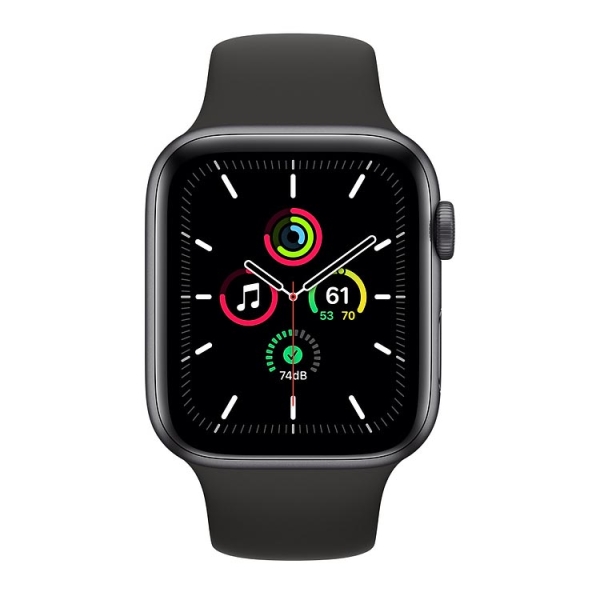 Часы Apple Watch SE, 44 мм, алюминий цвета «серый космос», чёрный спортивный ремешок